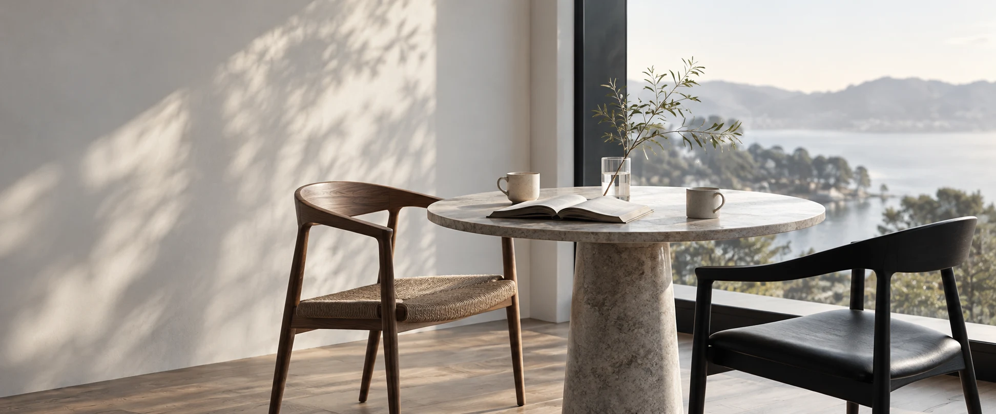 Conceptual still life of two empty chairs beside a table set with two cups and a book